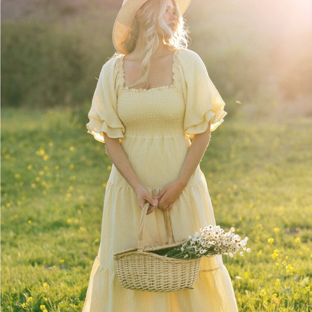 &Merci Smocked Puff-Sleeve Yellow Midi Dress